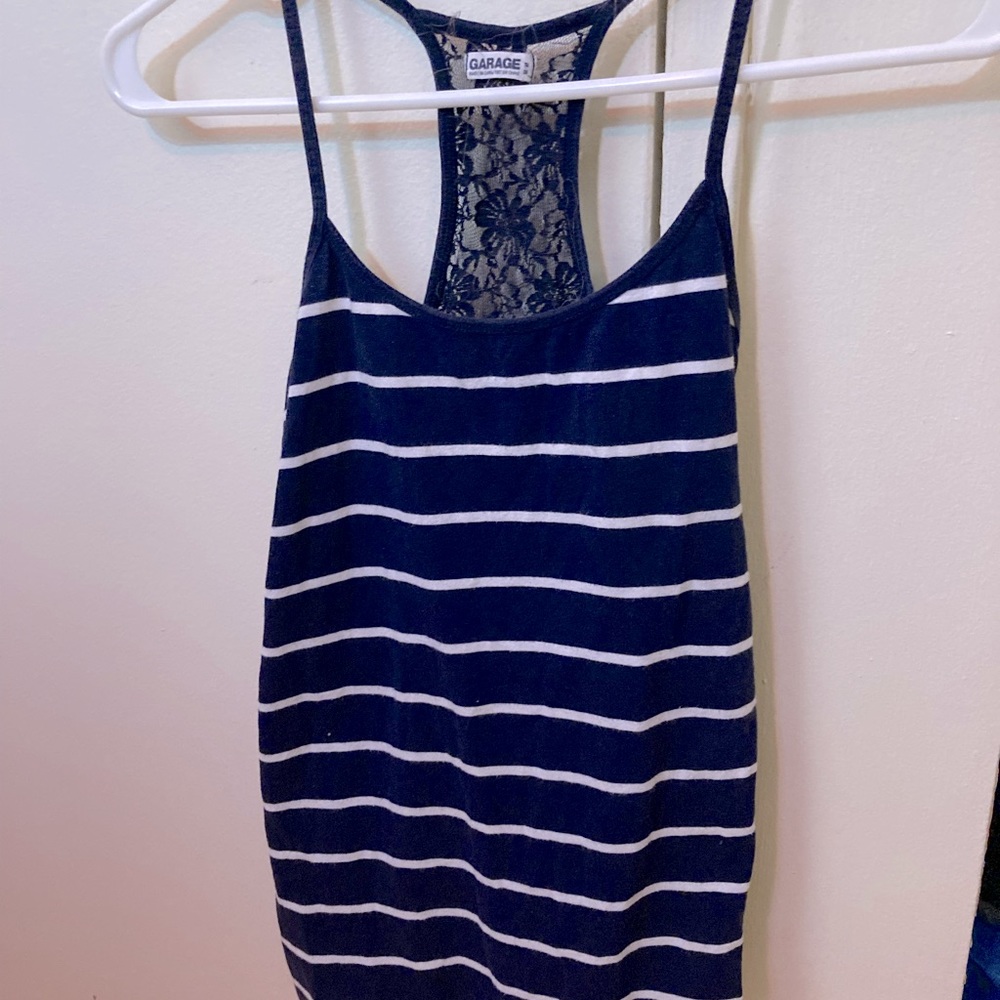 Navy Blue & White Lace Back Tank Top